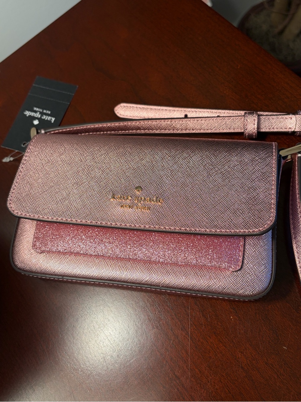 NWT Kate Spade Pink Glimmer Glitter Crossbody/Card Holder Duo - Picture 2 of 13